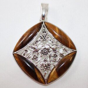 Vintage Joan Rivers Signed Costume Silver Tone Pendant Tigers Eye flowers birds